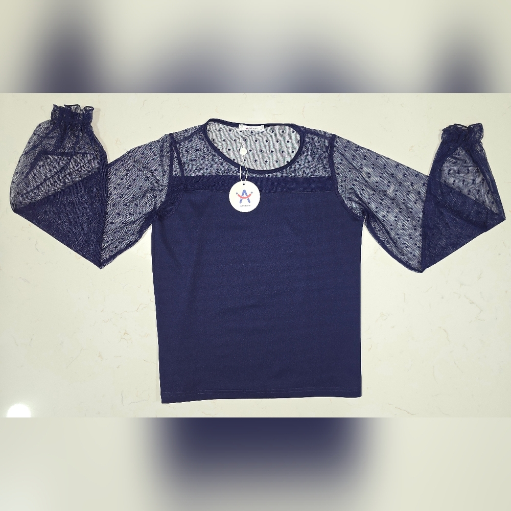 NWT Arshiner Girls Blouse Blue With Sheer Sleeves Size 14